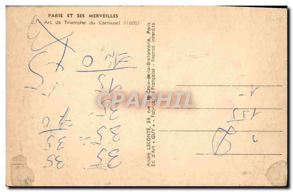 CPA Paris Et Ses Merveilles Arc de Triomphe du Carrousel — Rückseite