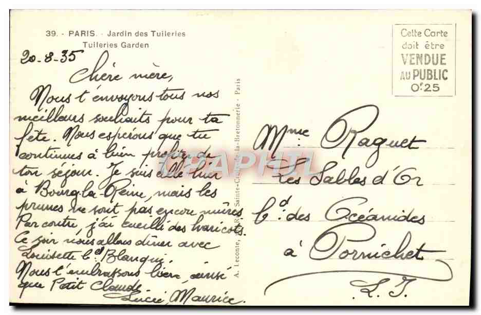 CPA Paris Jardin des Tuileries — Verso