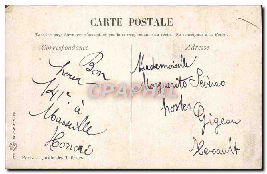 CPA Paris Jardin des Tuileries Quinquin — Verso