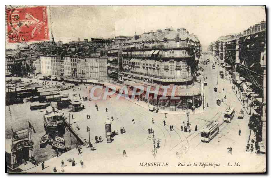 CPA Marseille Rue de la Republique Tramway Bateaux