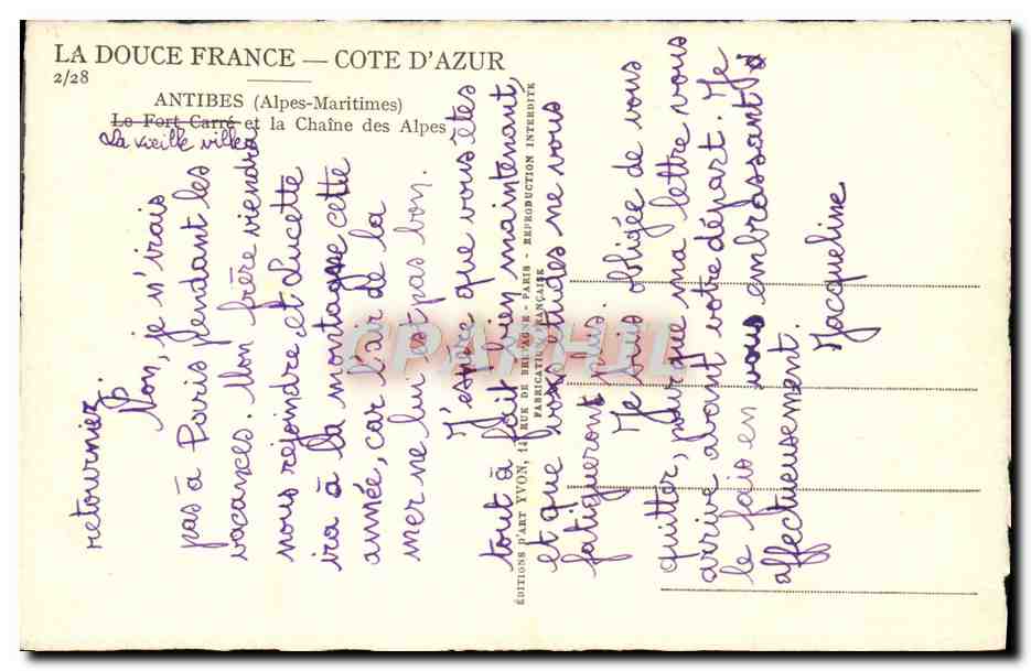CPA La Douce France Cote D'Azur Antibes Le Fort Carre Et La Chaine Des Alpes — Rückseite