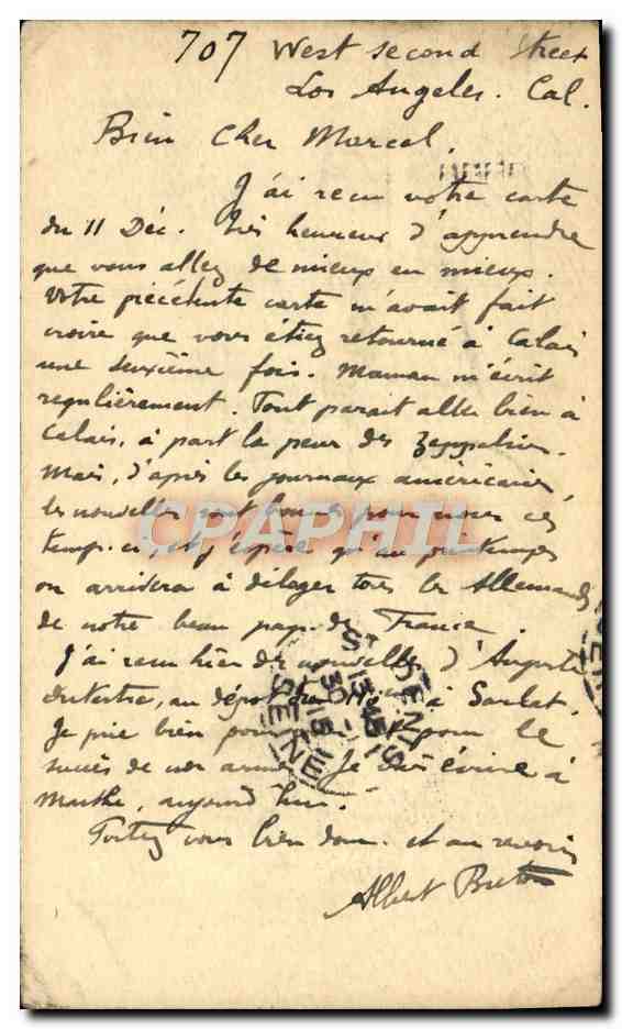 Entier 2cts los Angeles pour Saint Denis 1915 — Rückseite
