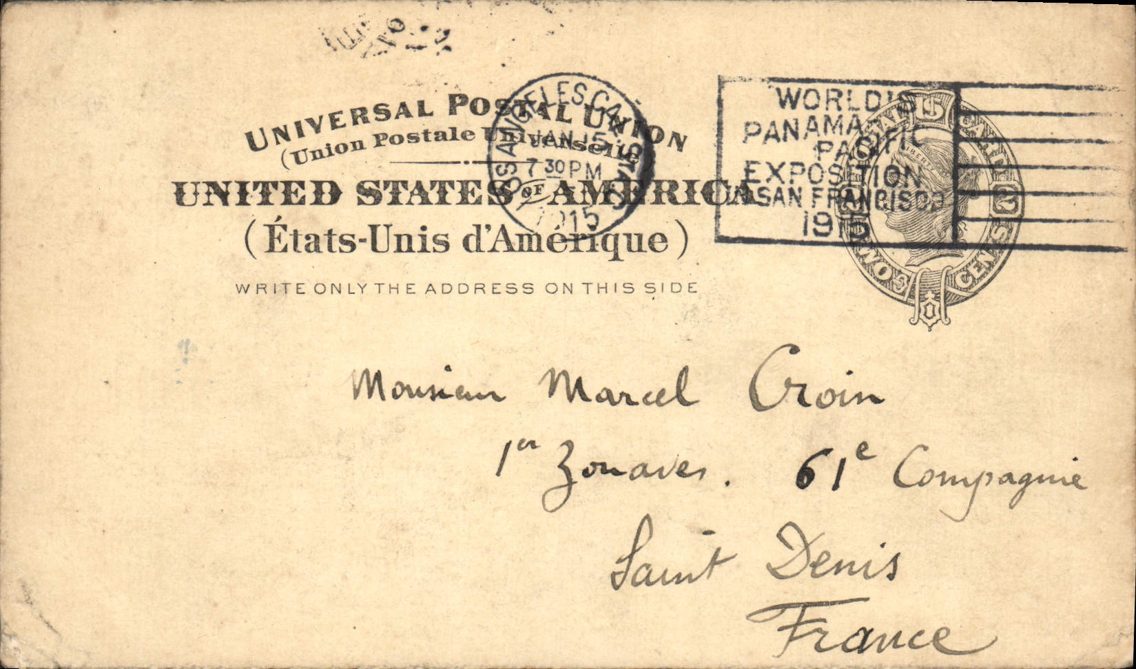 Entier 2cts los Angeles pour Saint Denis 1915