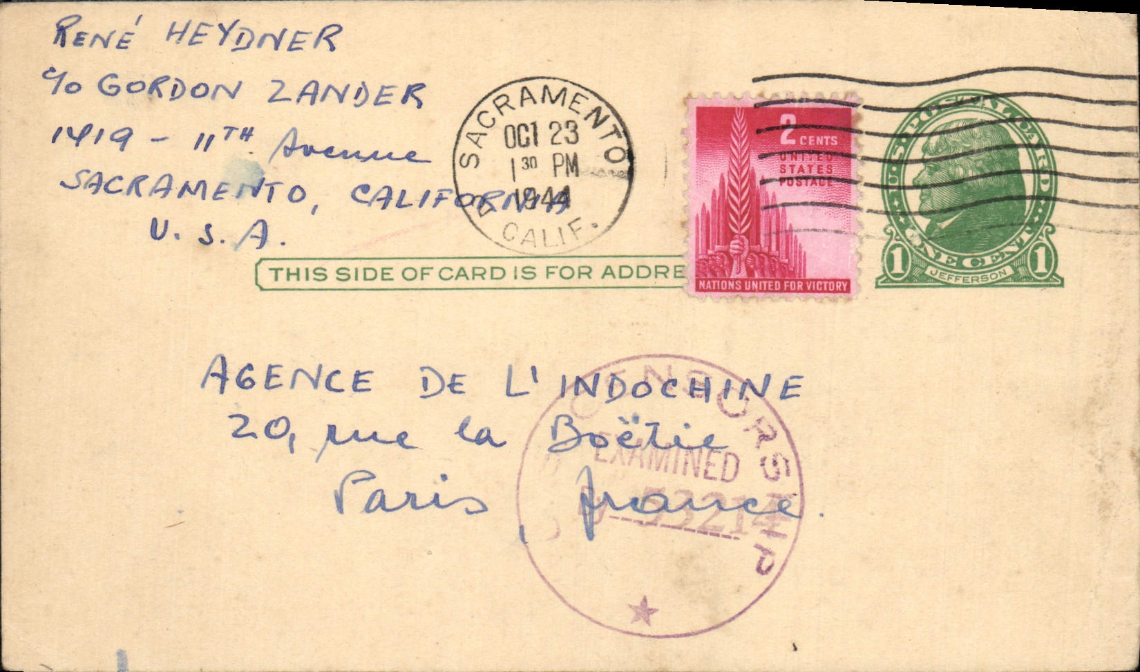 Entier 1944 Rene Heydner Gordon Zander Avenue California pour Paris 