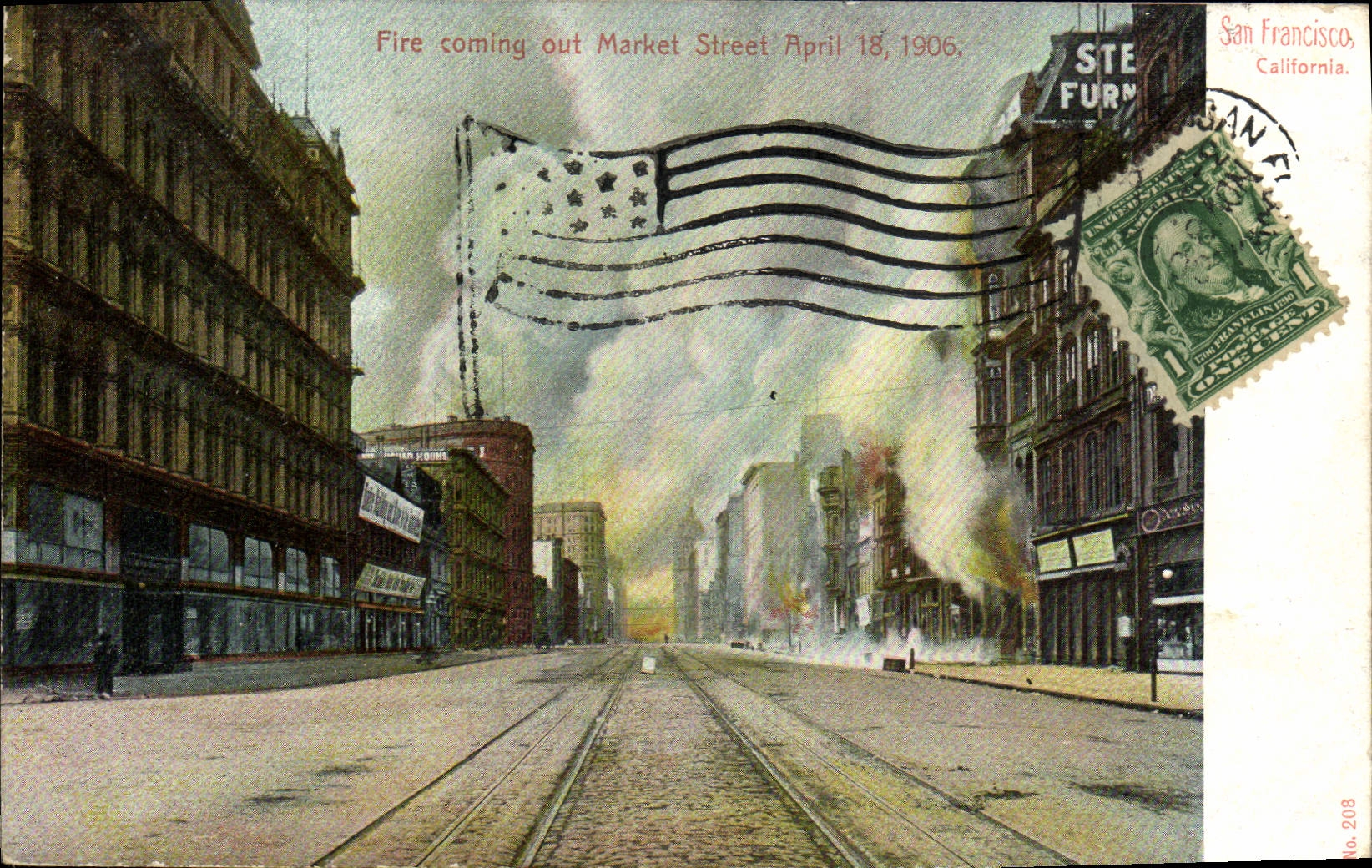 CPA San Fancisco California Fire coming out market street April 18 1906