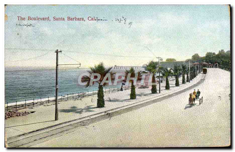 The Boulevard, Santa Barbara, Californie — vue côtière avec calèche — éditeur Graphphile, n° 2860