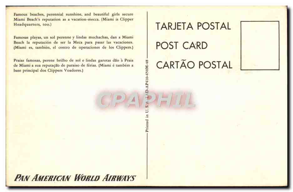 CPA Pan American World Airways Miami Beach — Rückseite