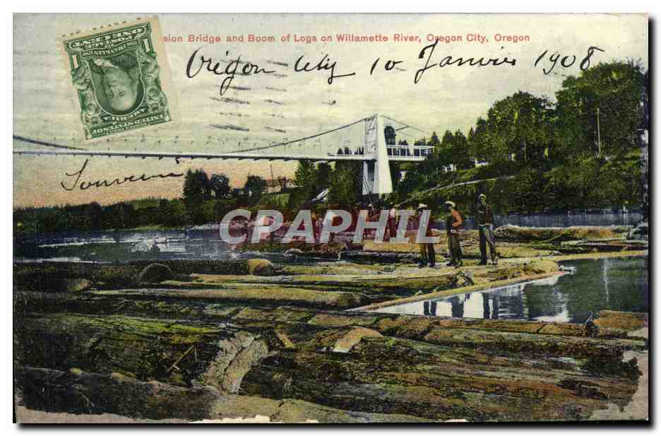 CPA Bridge And Boom Of Logs On Willamette River Oragon City Oregon