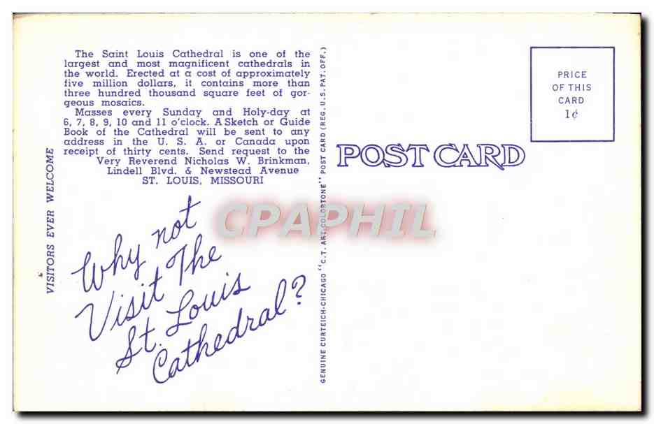 CPA St Louis Cathedral Lindell Blvd And Newstead Ave St Louis Missouri — Back