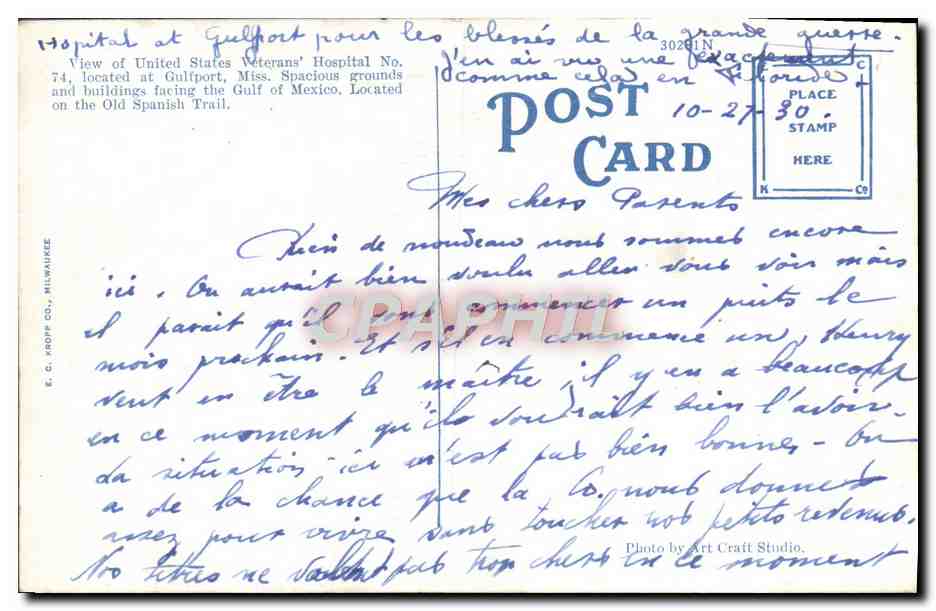 CPA U S Veterans Hospital Gulfport Miss — Back
