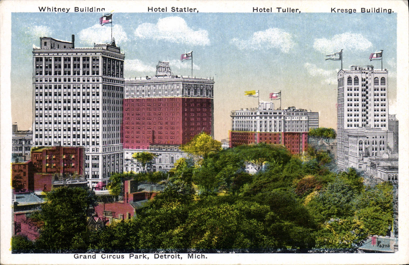 CPA Grand Circus Park Detroit Mich Whitney Building Hotel Statler Hotel Tuller