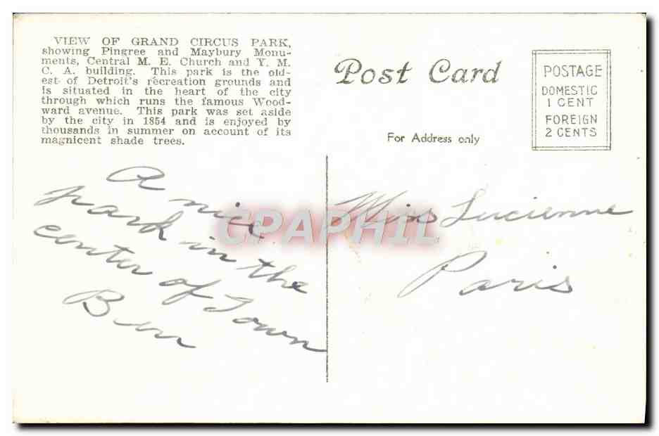 CPA Grand Circus Park Detroit Mich Whitney Building Hotel Statler Hotel Tuller — Back