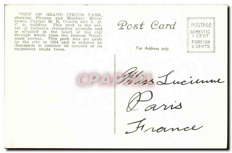 CPA Grand Circus Park Detroit Mich Whitney Building Hotel Statler Hotel Tuller — Back