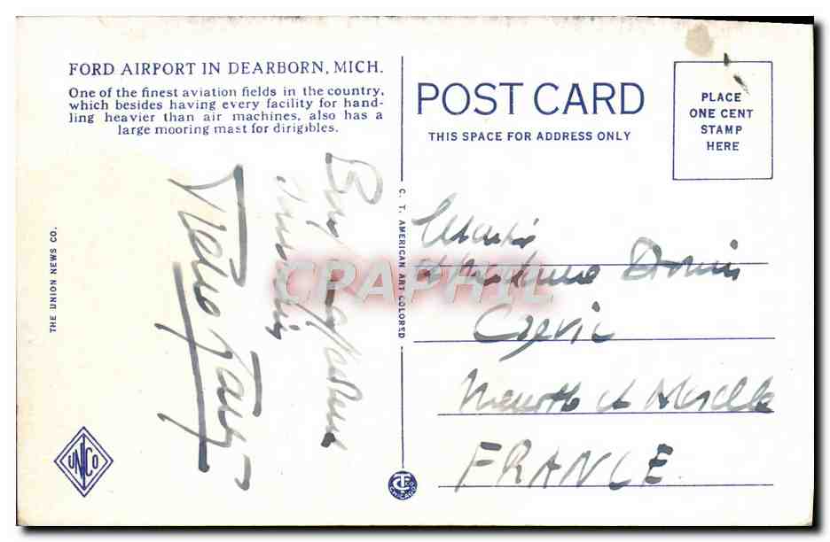 CPA Ford Airport and Mooring Mast Detroit Mich Avion Aeroport — Back