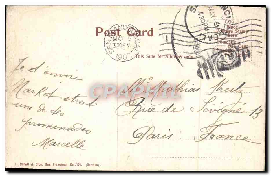 CPA Market St Showing Palace Hotel San Francisco  — Verso