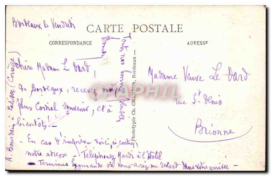 CPA Bordeaux Le Grand theatre Tramway Automobile — Verso