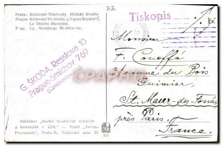 CPA Praha Kralovske Vinohrady Mestske Divadlo — Verso