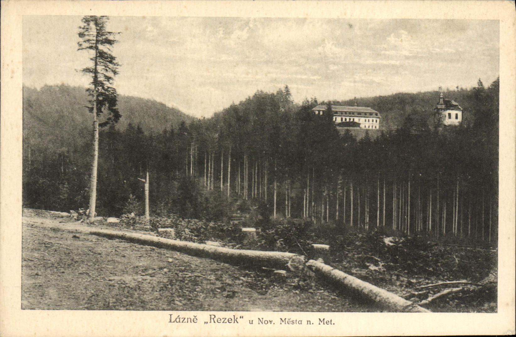 Lázně „Rezek“ u Nov. Města n. Met. — vue des bains et du château dans la forêt — éditeur CPAPHIL, n° 4009