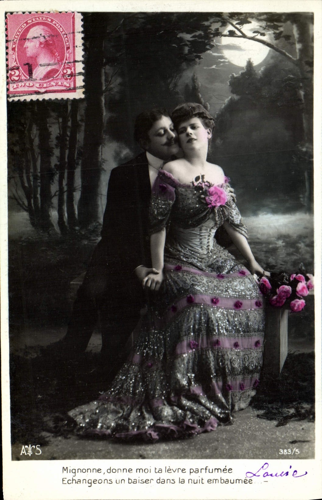 Couple amoureux sous la lune — scène romantique — éditeur A.S. n° 383/5