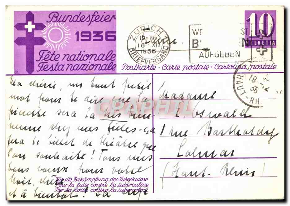 CPM Enfant Fete nationale Suisse 1936 — Verso