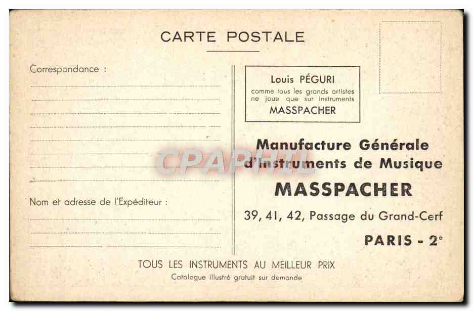CPA Orchestre Louis Peguri Masspacher Passage du grand cerf Paris — Rückseite