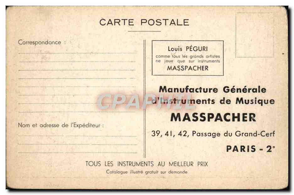 CPA Orchestre Louis Peguri Masspacher Passage du grand cerf Paris — Rückseite