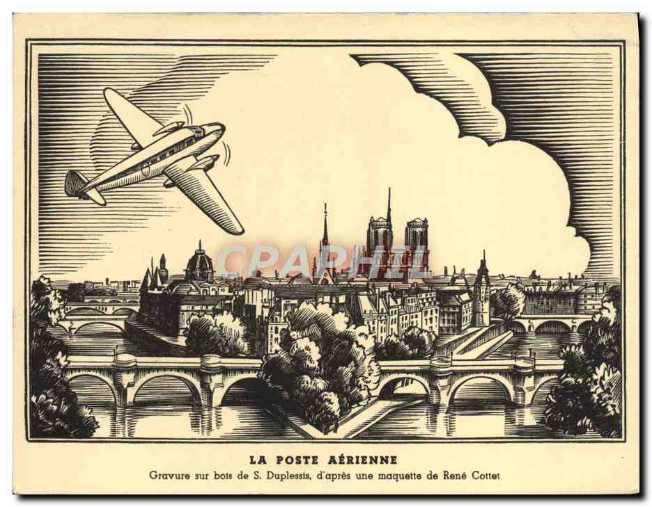 Antike Ansichtskarte La Poste Aerinne Holzschnitt von S Duplessis Nach einem Modell von Rene Cottet Flugzeug Paris Notre Dame