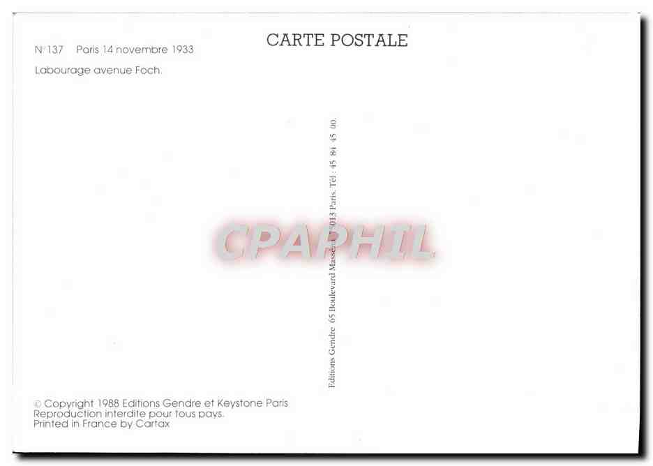 CPM Paris 14 novembre 1933 Labourage Avenue Foch Cheval Charrue — Rückseite