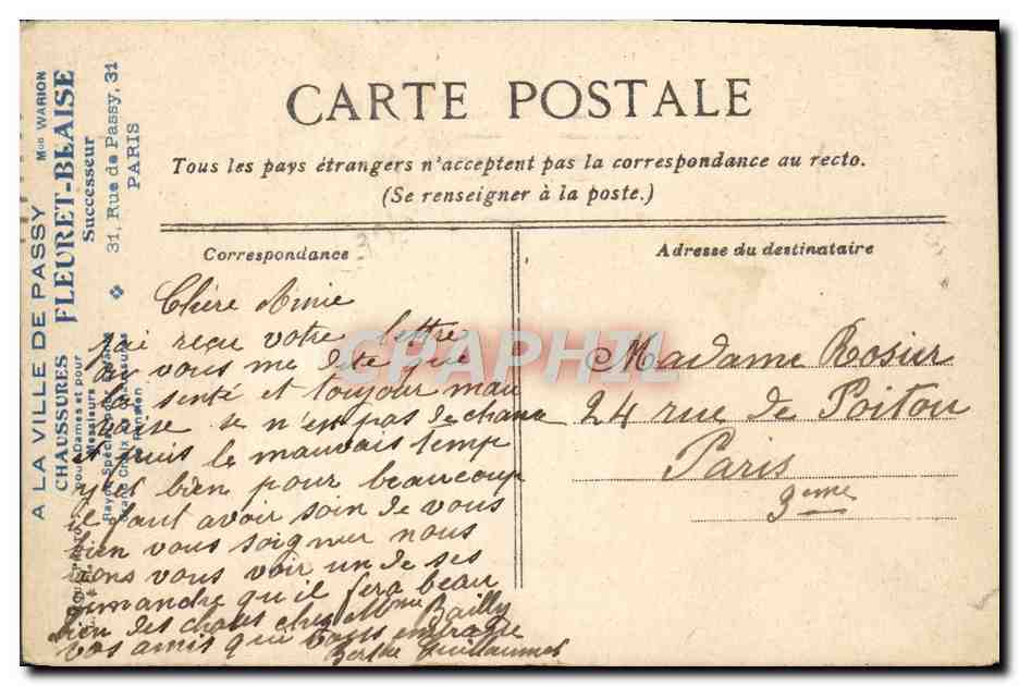 CPA Paris La Rue Reyale Publicite Fleuret Blaise Rue de Passy Chaussures — Rückseite