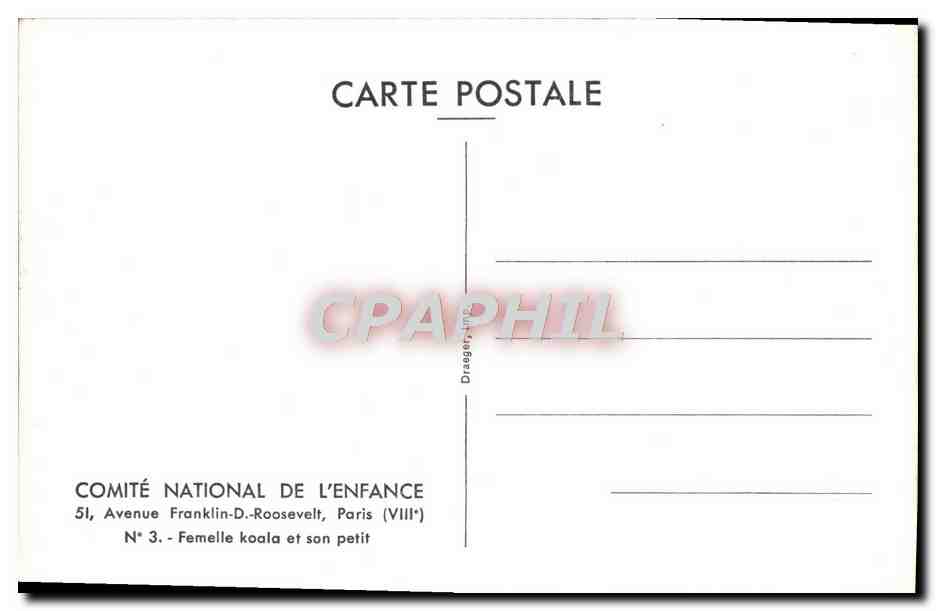 CPM Comite National De L'Enfance Avenue Franklin D Roosevelt Paris Femelle Koala Et Son petit Zoo — Rückseite