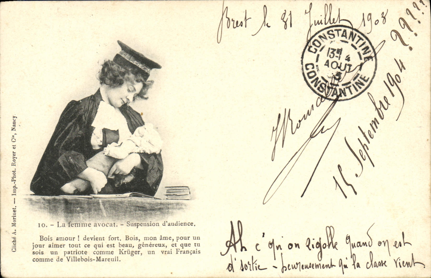 La femme avocat — Suspension d'audience — Cliché A. Morinuet, Imp.-Phot. Royer et Cie, Nancy