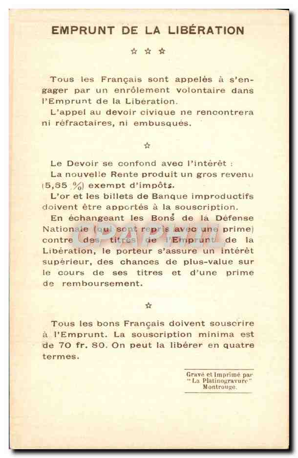 CPA Emprunt De La Liberation Les Vainqueurs De La Marne Gal Curieres de Castelnau Militaria  — Verso
