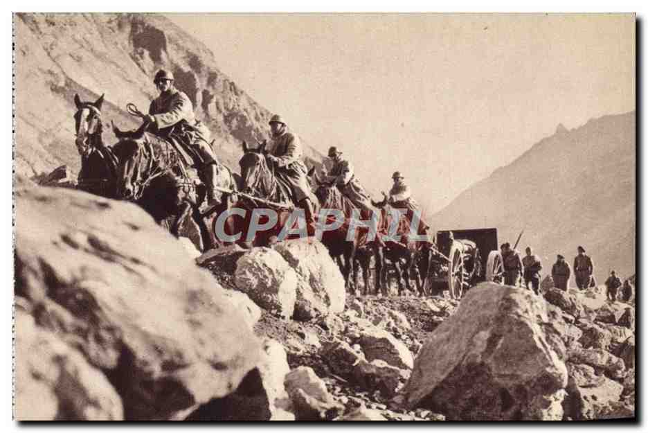 CPA La Recherche D'Une Position de Batterie en Montagne Militaria Chevaux Canon 