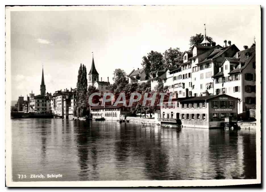 Zurich. Schipfe — vue du Rhône avec édifice religieux et commerce — Photo & Verlag L. Furter, Zürich, n° 235