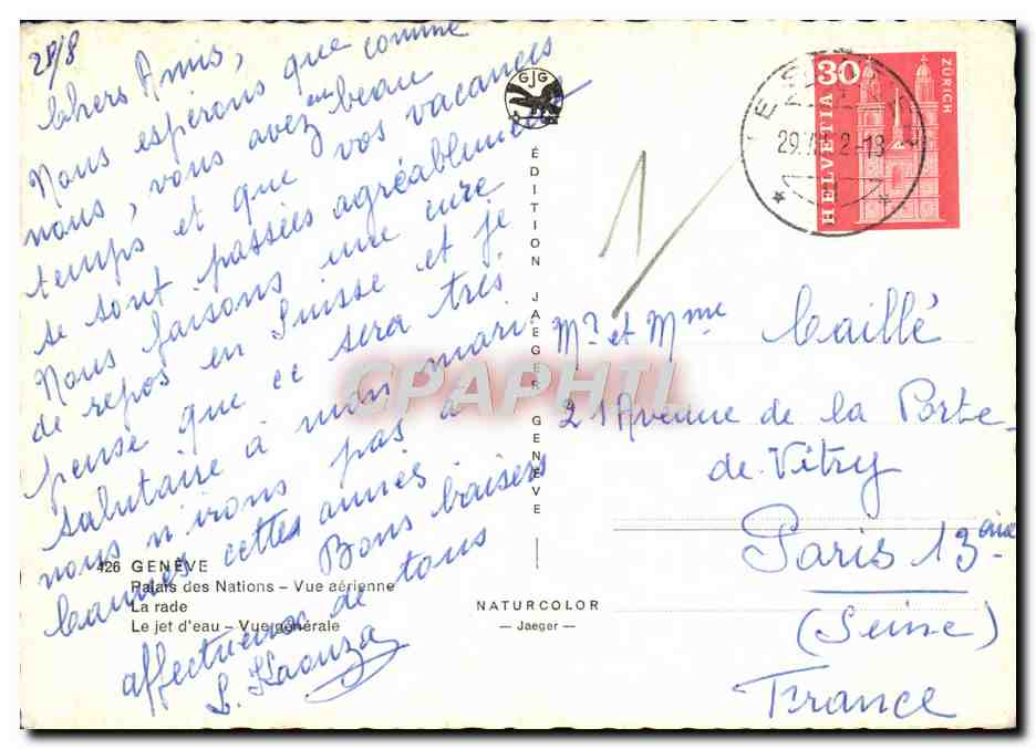 Genève — vue aérienne et jet d'eau — Édition Jaeger n°426 — Back