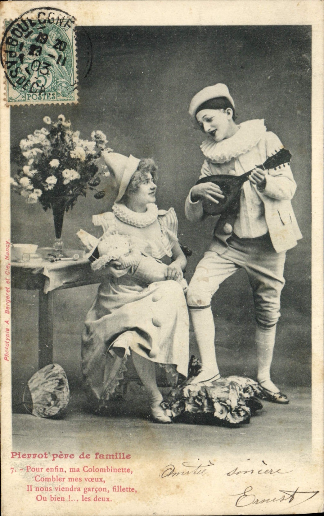 Pierrot, Vater der Familie — Theater-Szene — Phototype A. Bergeret et Cie, Nancy