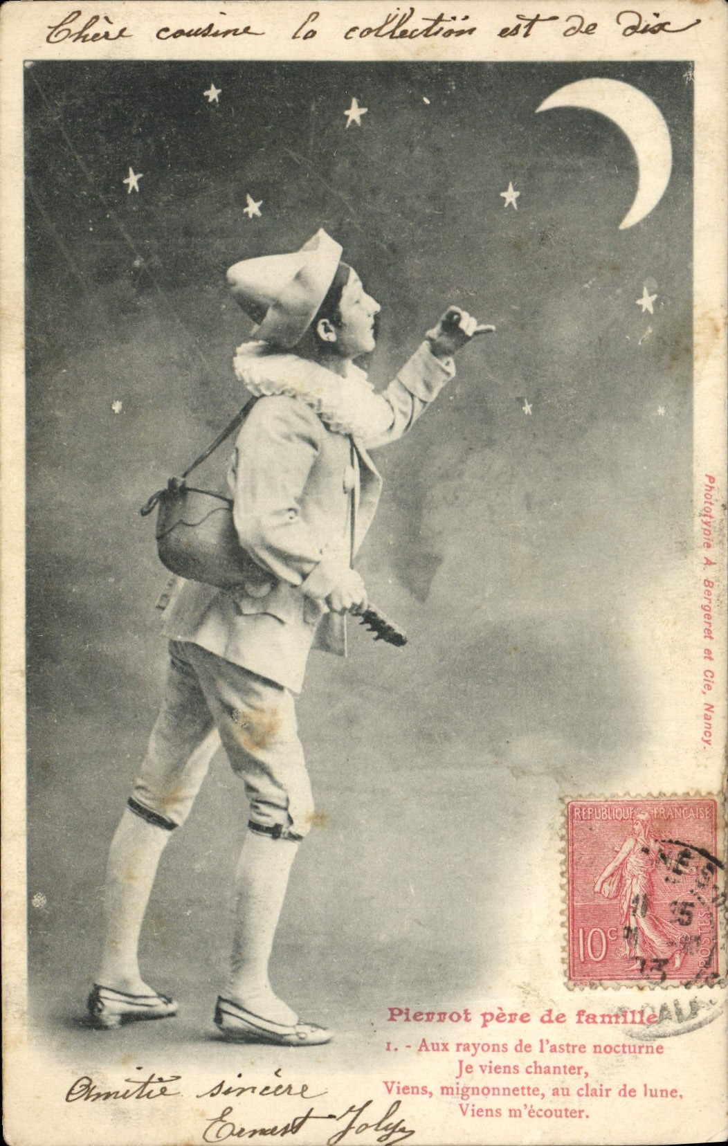 Pierrot Vater der Familie — Gedicht und handschriftlicher Text — Photographie A. Bergenet & Cie, Nancy