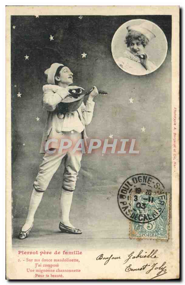 Pierrot padre di famiglia — Su mia dolce mandolino, ho composto una carina canzoncina per la tua bellezza — Fotografia A. Breguet e Cie, Parigi