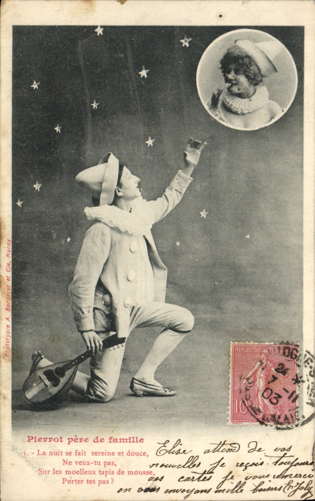 Pierrot père de famille — scène nocturne étoilée — Phototypie A. Berberet et Cie, Nancy