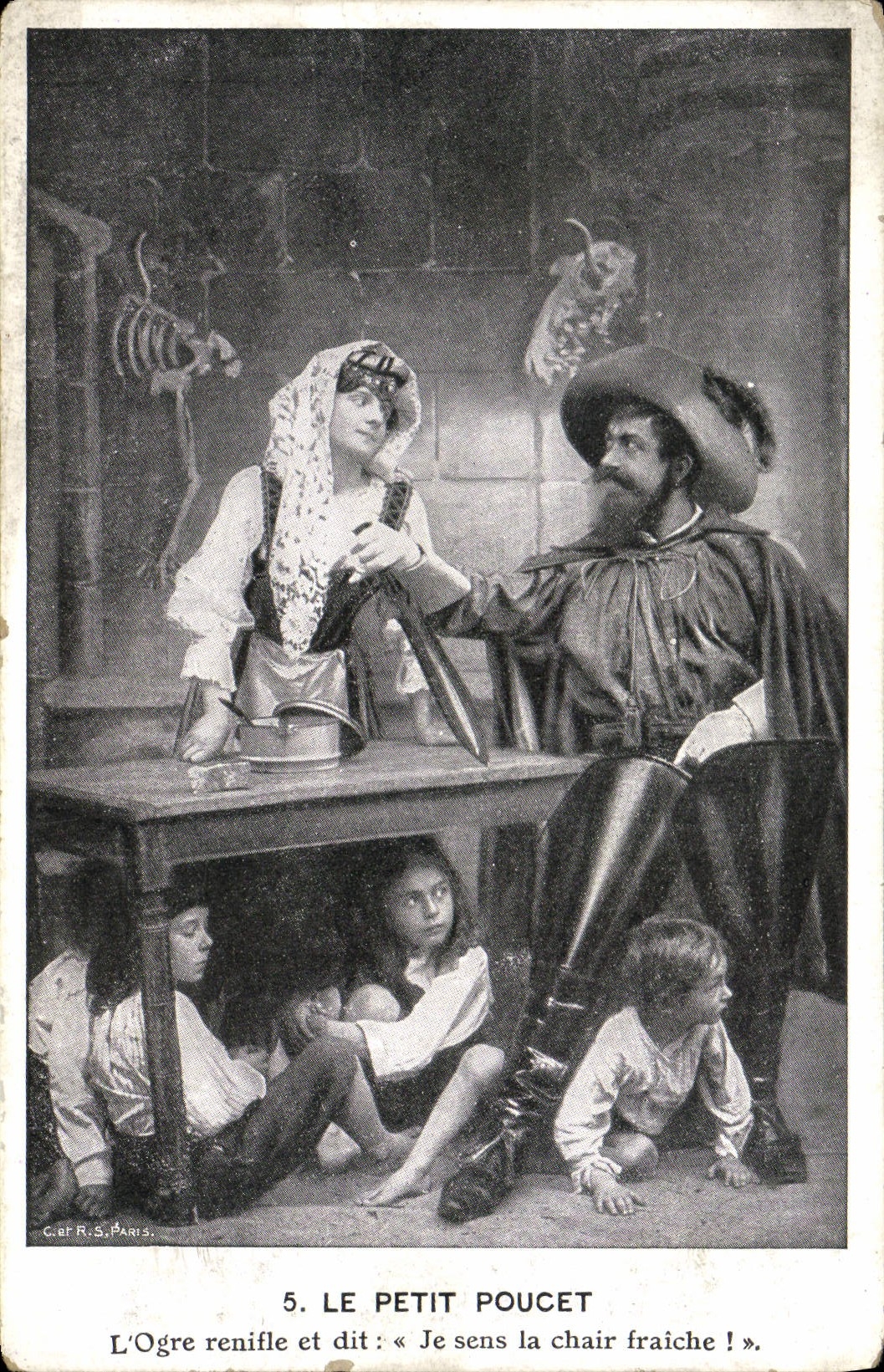 Le Petit Poucet — scène de l'ogre renifle et dit : « Je sens la chair fraîche ! » — C. et R. S. Paris, n°5