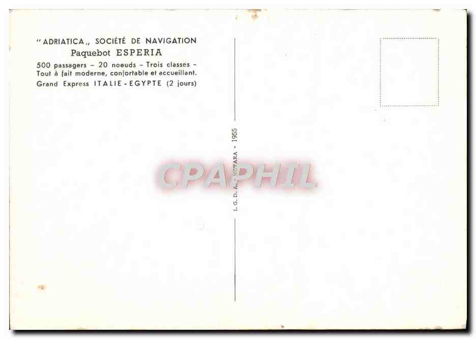 Paquebot Esperia — Adriatica, Société de Navigation — I.G.D.A. Novara 1955 — Verso