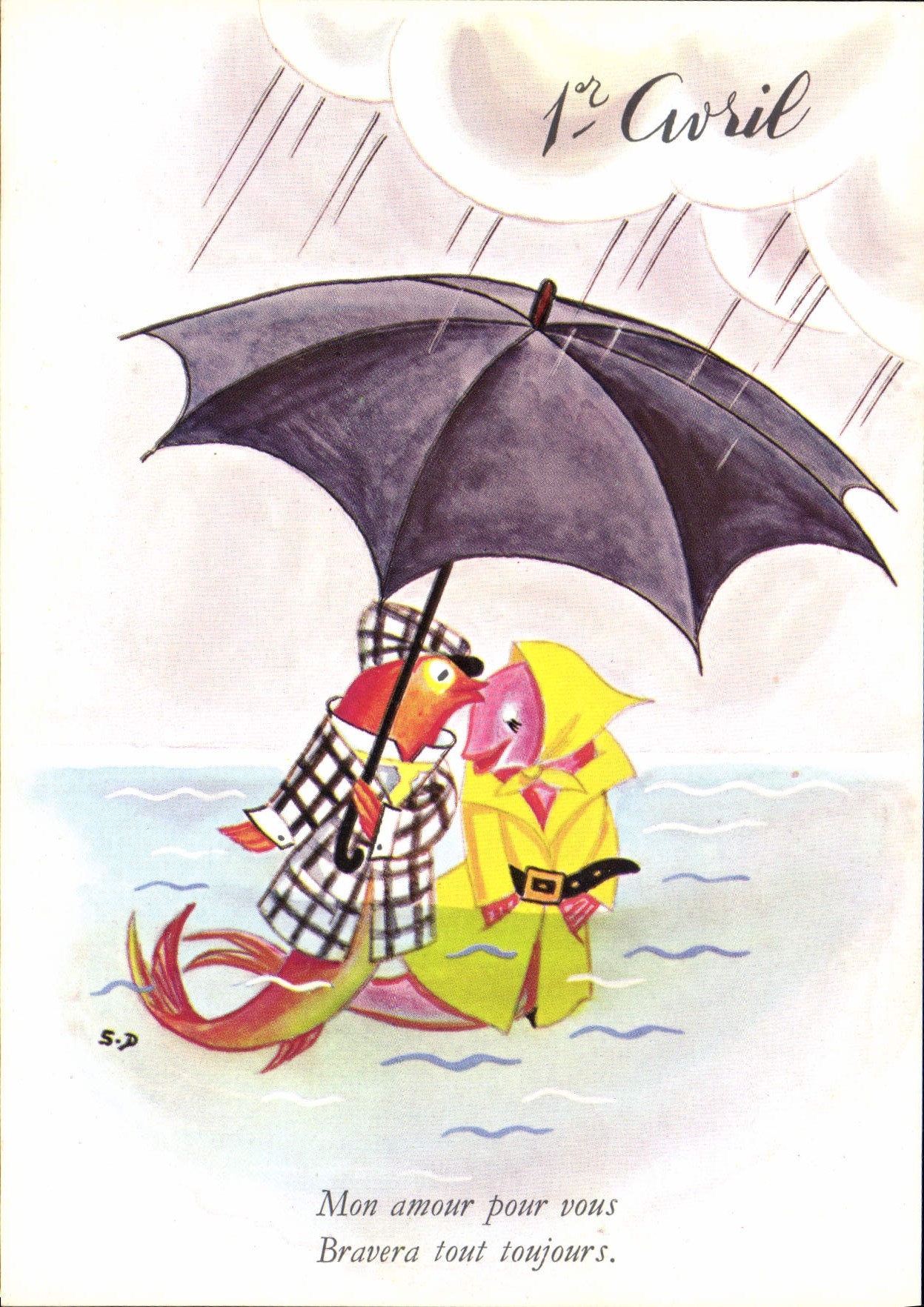Deux poissons sous parapluie — 1er Avril — éditeur G. Picard, n° 1312