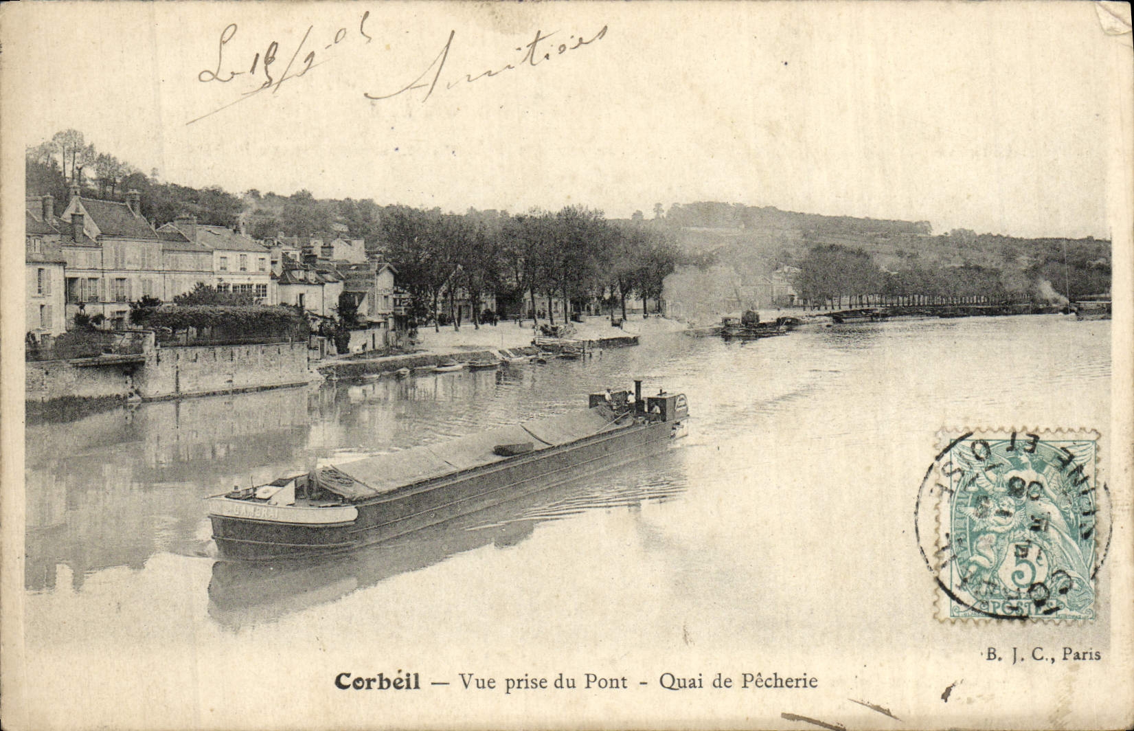 CPA Corbeil Vue Prise Du Pont Quai De Pecherie Bateau peniche 