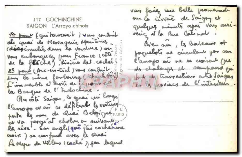 CPA Cochinchine Saigon L'Arroyo chinois Vietnam — Verso
