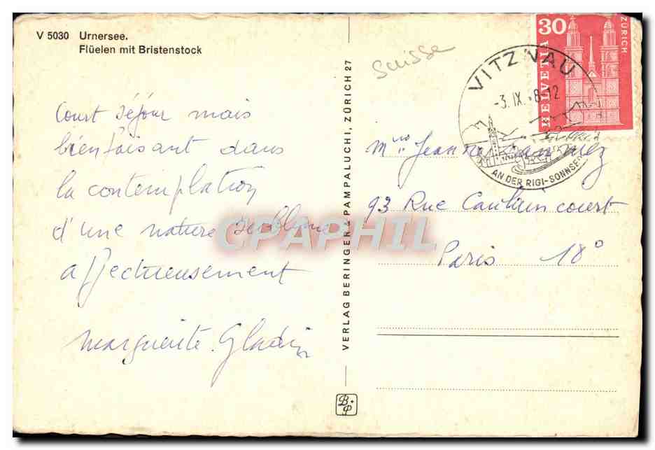 Urnersee, Flüelen mit Bristenstock — V 5030 — Verlag Beringer, Zürich — Back