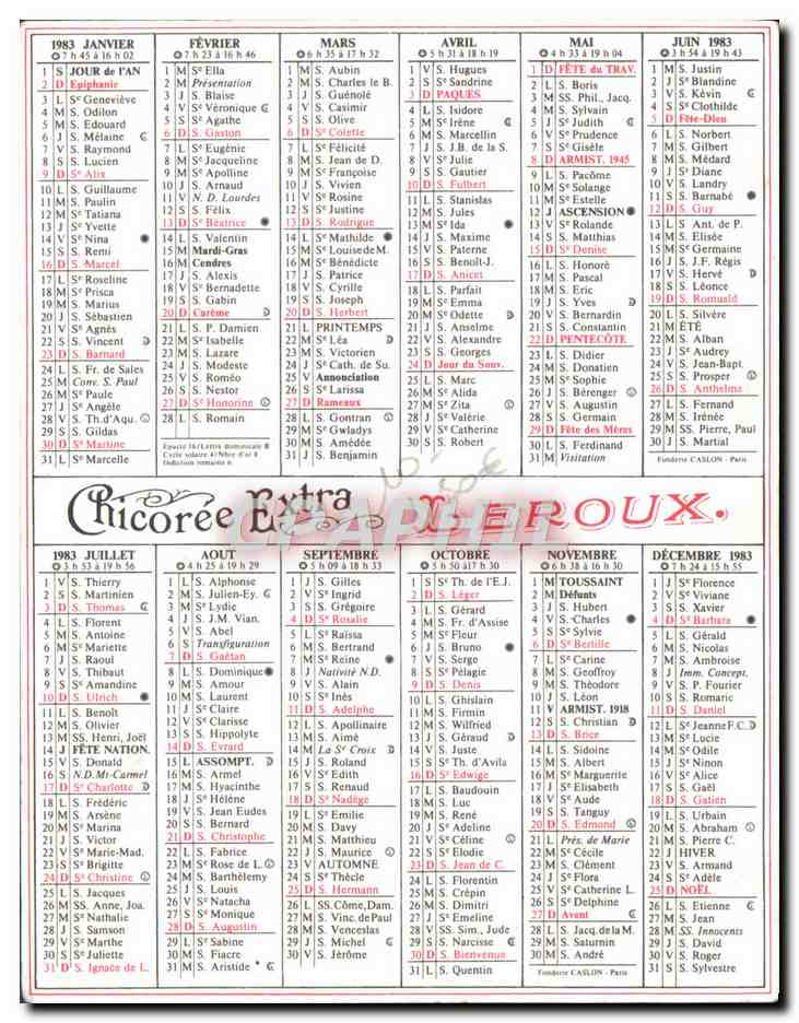 Calendrier 1983 Pecheur Peche Chein Chicoree leroux  — Rückseite