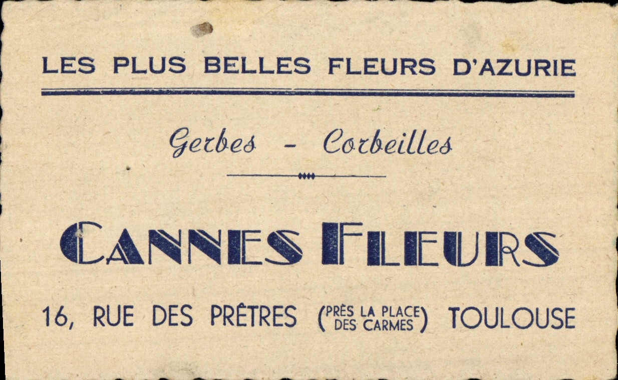 Carte de visite Cannes Fleurs Rue des Pretres Toulouse 