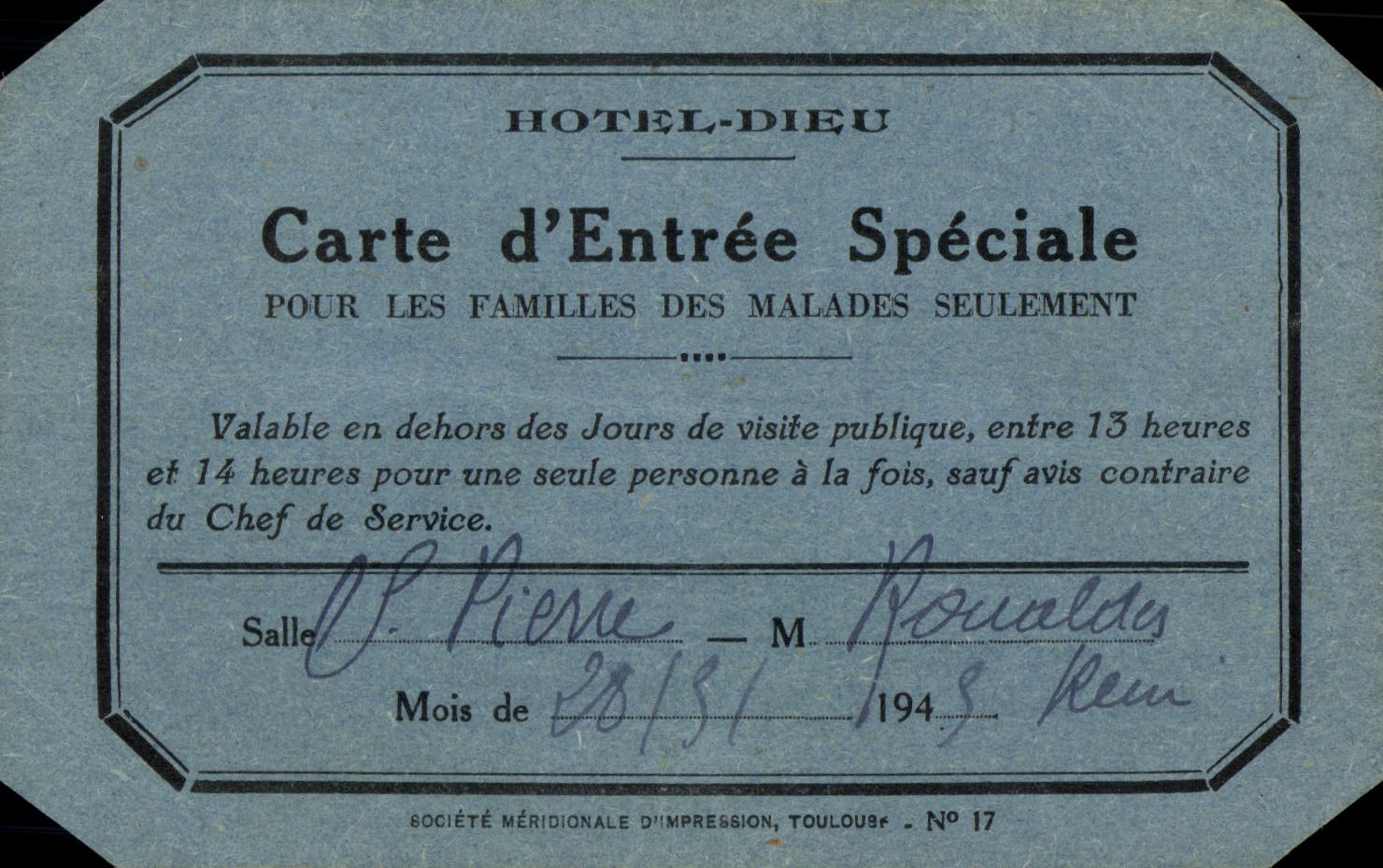 Carte d'entree speciale Hotel Dieu Paris 1945