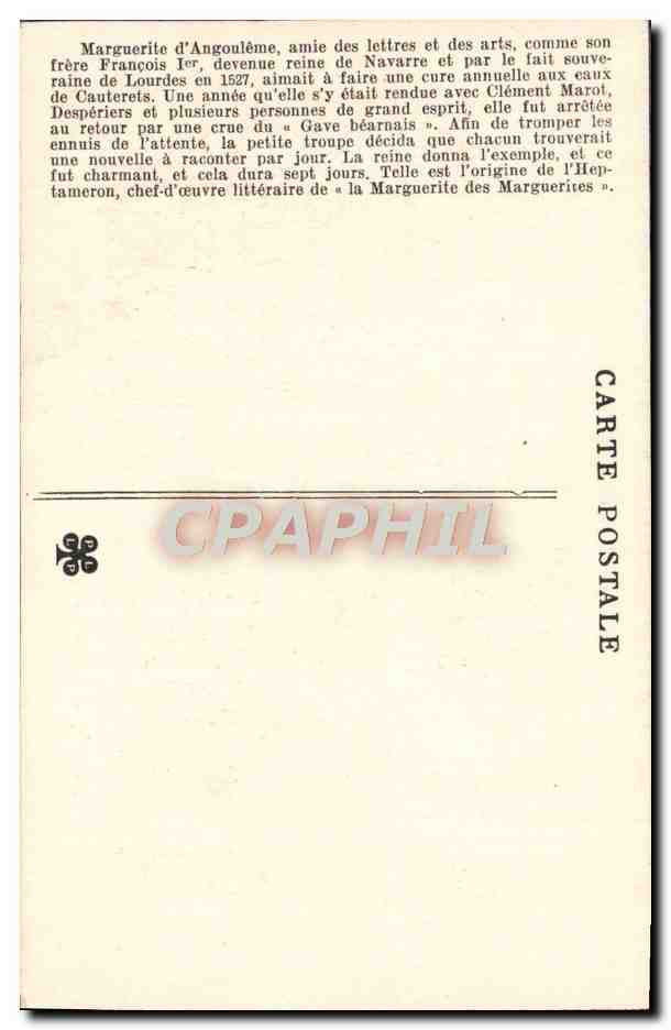 CPA Histoire Episodique de vieux Lourdes L'Heptameron La reine Marguerite dans l'abbaye de St Savin en amont de Lourdes — Verso
