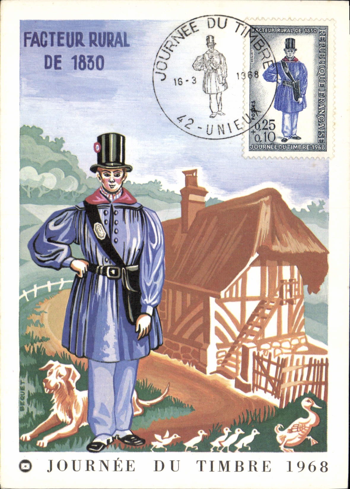 FDC 1er jour Journee du timbre 1968 Facteur rural en 1830 Chien